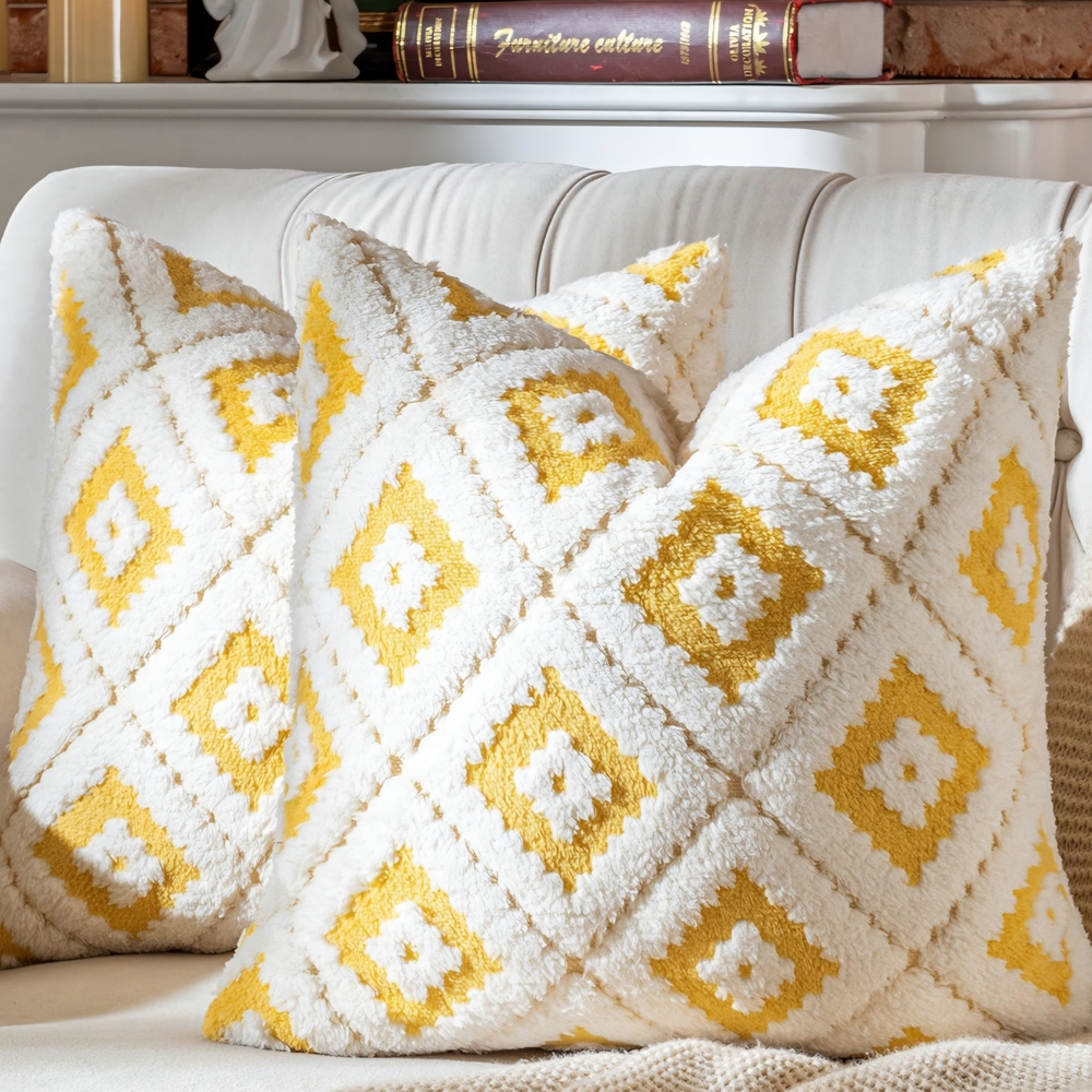 Textured Diamond Throw Pillows White & Yellow Soft Fluffy 19x19 Boho Warming